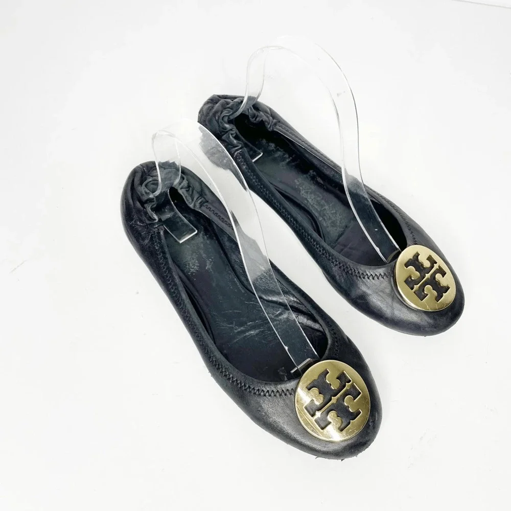 Tory Burch Reva Ballet Flat Black Nappa leather gold medallion logo womens 8 - Picture 2 of 9